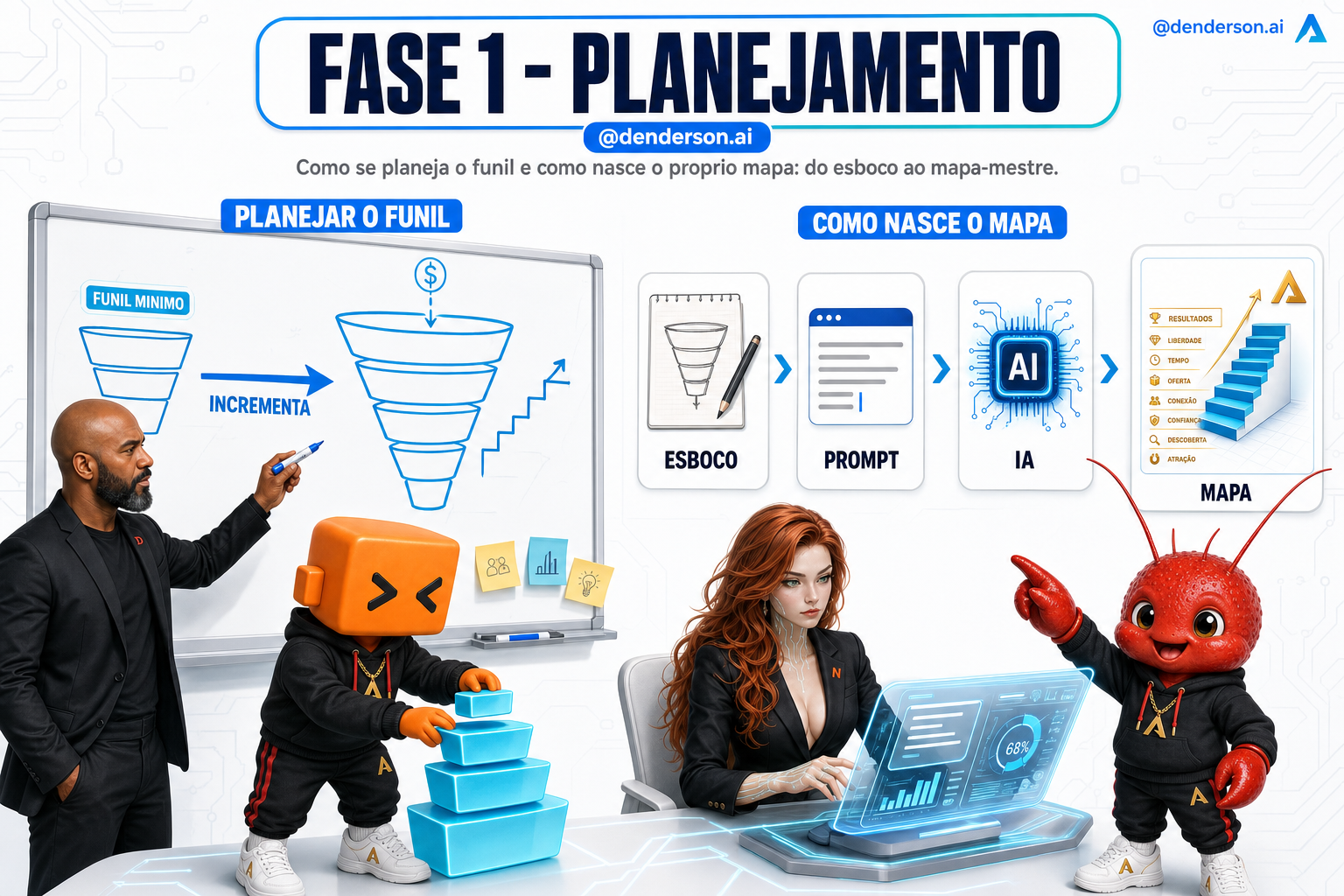 Infográfico da Fase 1: como planejar o funil (o funil mínimo que já se paga e vai incrementando degrau por degrau) e como nasce o mapa-mestre — do esboço no papel ao prompt pra IA de imagem até o mapa completo numa imagem só.