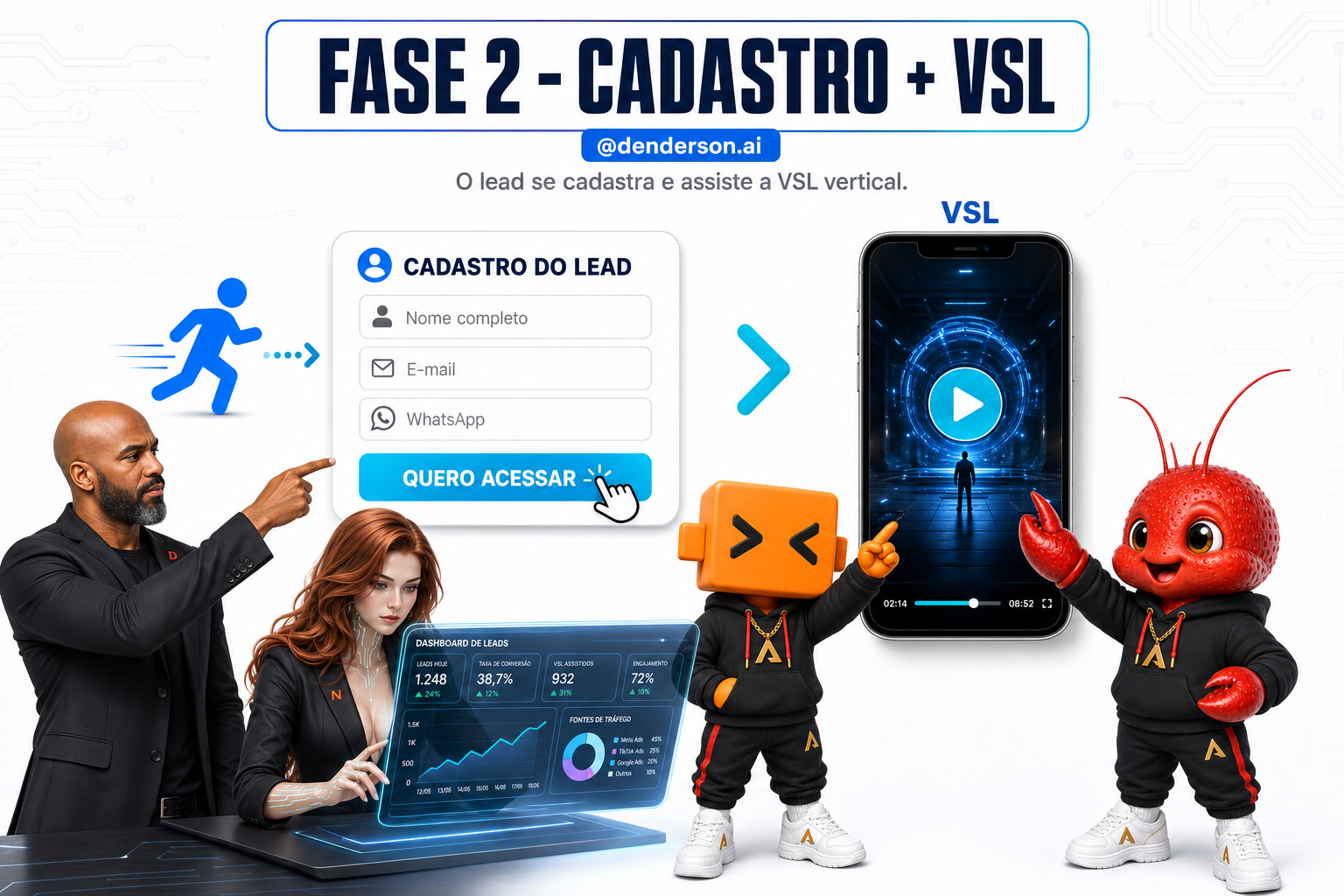 Infográfico da Fase 3: a página de cadastro capturando nome, e-mail e WhatsApp, e a VSL em vídeo vertical com a oferta revelada só no momento certo.