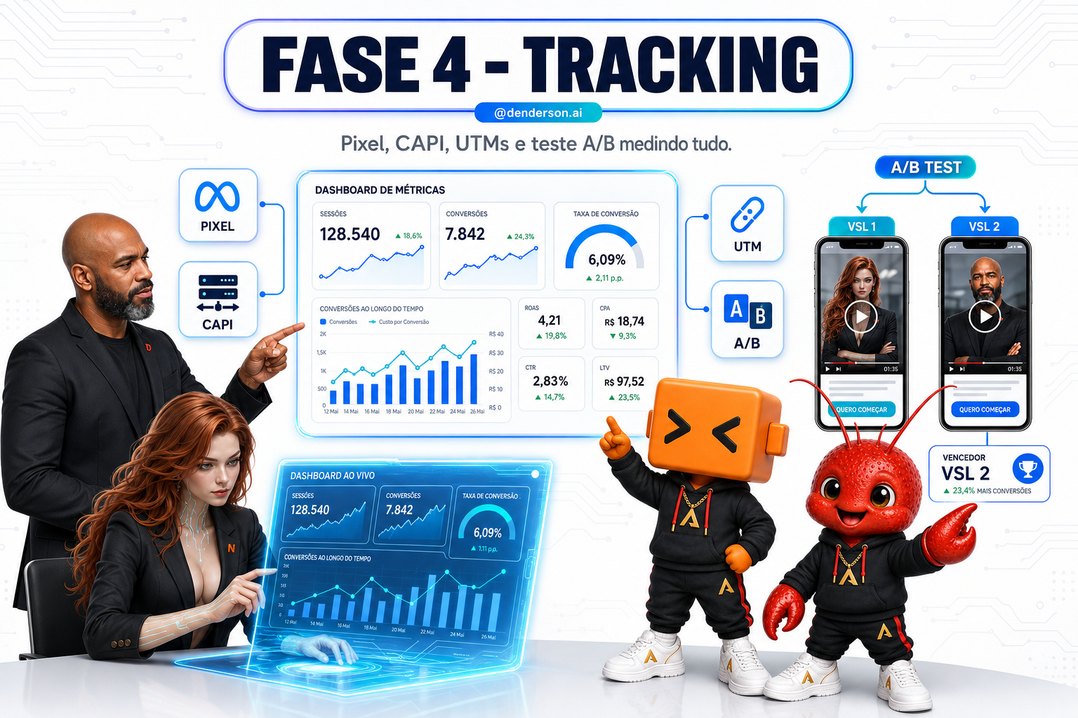 Infográfico da Fase 5: as quatro peças de tracking — UTMs etiquetando o lead, Pixel e CAPI mandando a compra pro Meta, e o teste A/B entre VSL 1 e VSL 2.